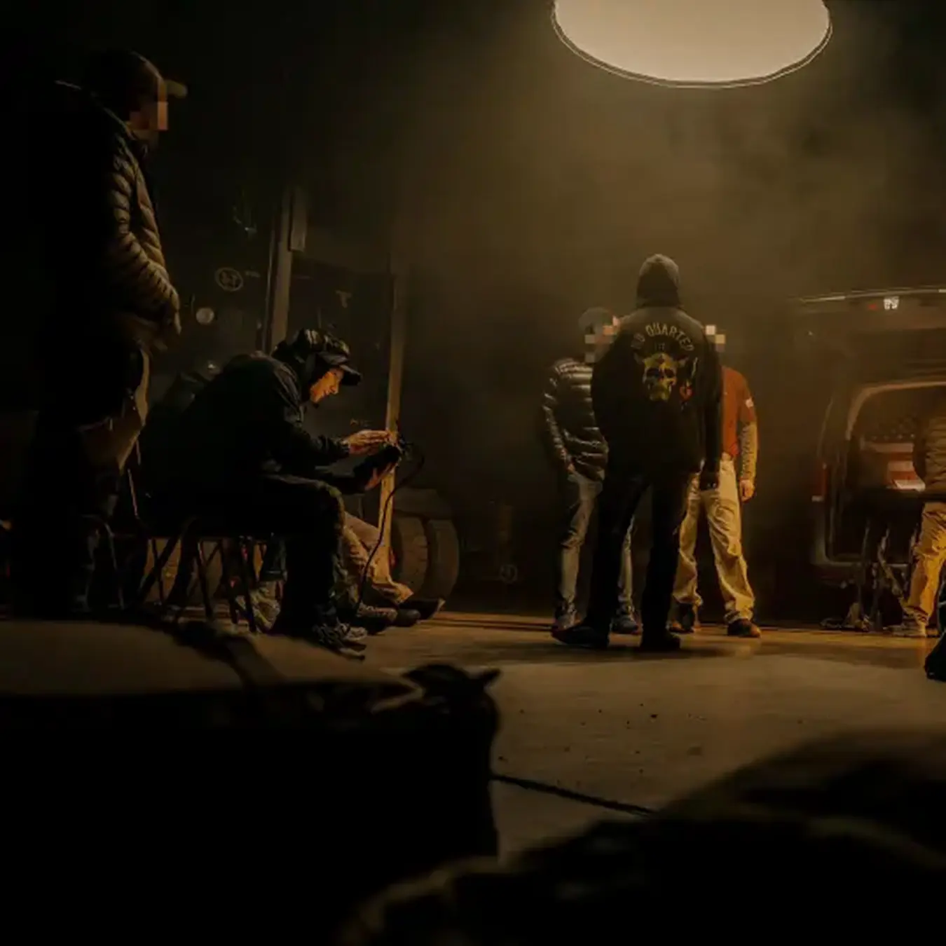 Film crew preparing a staged tactical production scene